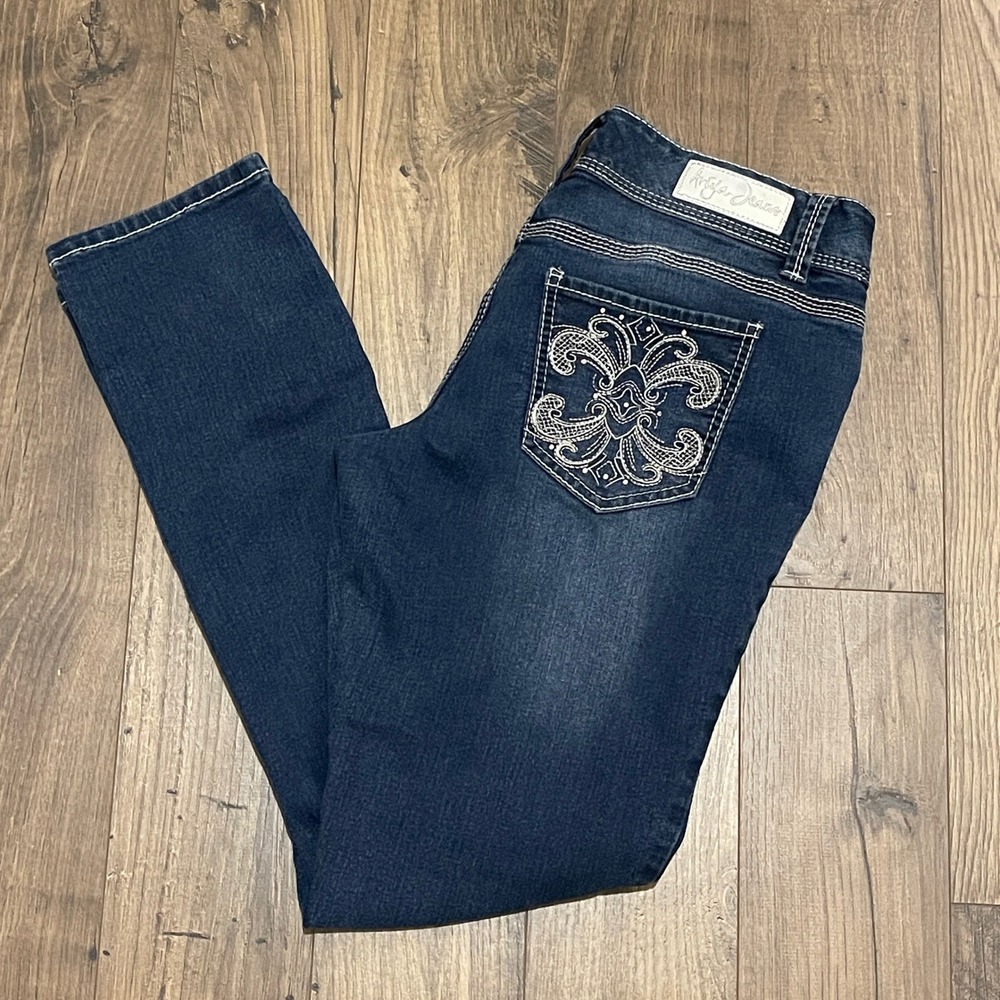 Ariya Jeans Womens 13/14 Dark Wash Straight Leg Embroidered Rhinestone Denim